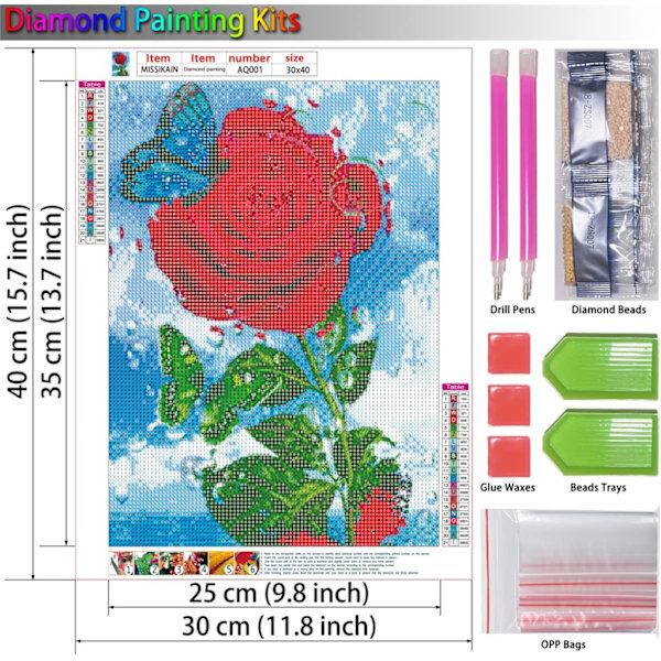 Blomster Diamantmålning, 5D DIY Ros Diamantmålning Kit för Vuxna Barn Nybörjare, Bästa Present till Familj och Vänner, 12x16 Tum, Röd Ros med Fjäril