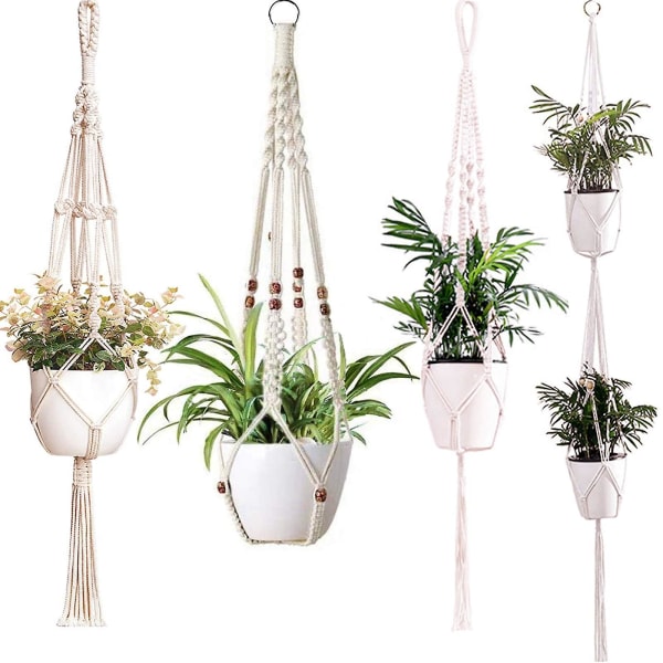 Macrame växt hängare inomhus hängande planter korg med träpärlor blomkruka hållare bomull rep ingen tofsar boho hem