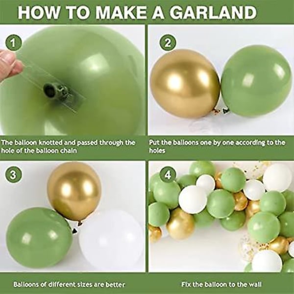 Sage Green Balloon Arch Kit, 154 st återanvändbara gröna ballonger Arch Set med vit och guld metallisk latex ballong