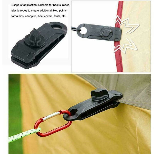 10 stk. presenningclips til telt og markise med plastik snap-lås til presenninger, camping, campingvogn, skur, sort