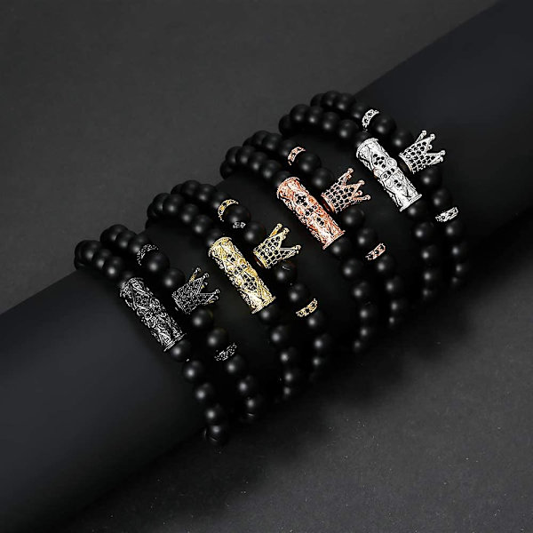 Svarta Matta Pärlarmband 8mm Onyx Stenar Armband Set Charm King Crown (Silver)