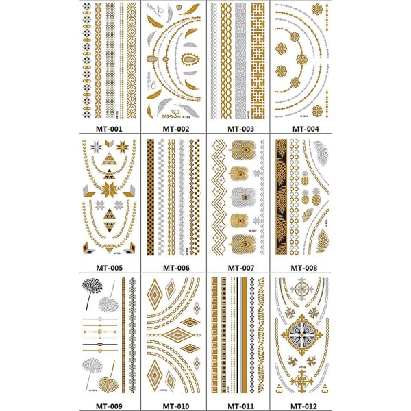 12 stk metalliske midlertidige tatoveringer Guld Sølv Midlertidige Tatoveringer Glitter Shimmer Designs（A）