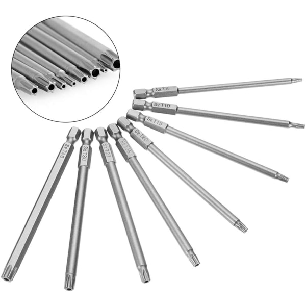 8 stk 100 mm 6,35 mm (1/4) sekskant skaft T8-T40 S2 stål sikkerhetsmagnetisk