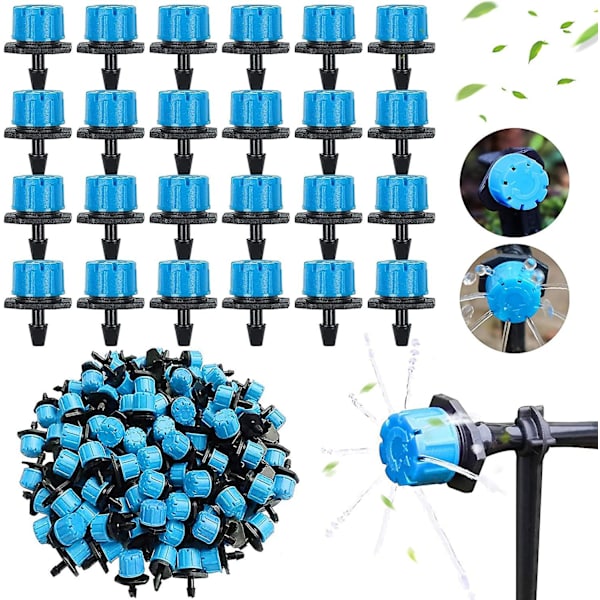 200 st 1/4 tum justerbart mikro dropp bevattningssystem bevattning sprinkler anti igensättning emitter dropp för trädgård (blå)