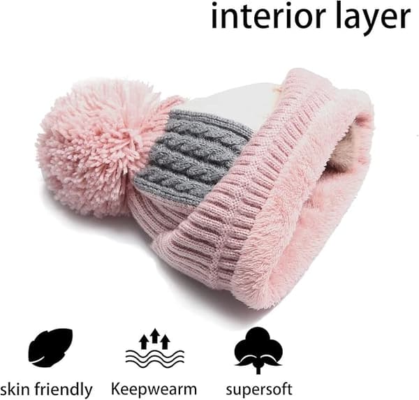 Rosa stickade mössor för kvinnor, stickad mössa med pompom, vintervarm