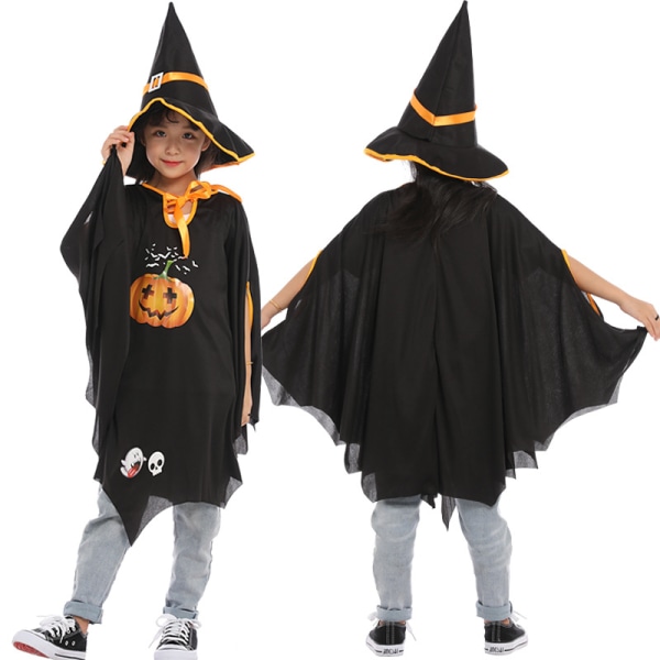 (Svart) Barn Halloween Häxkappa med hatt för barn - Skin-frien