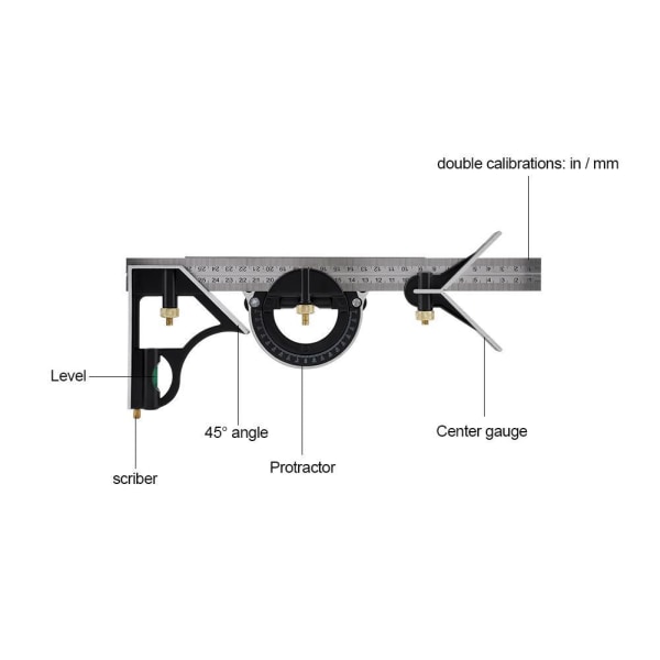 300 mm kombinasjonsvinkel, måleverktøy multifunksjonell justerbar