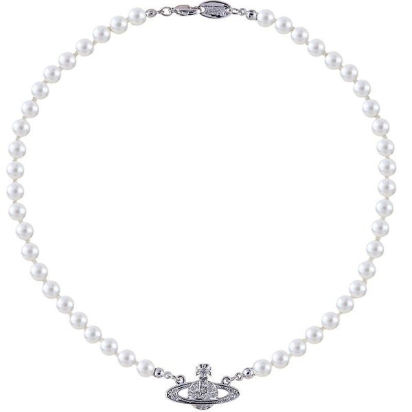 Saturn Pearl Halsband för kvinnor, Pearl Planet Halsband, Sterling Silver Saturn Pearl Necklace, Pearl Orb Choker, Minimalistiska smycken（Silver）