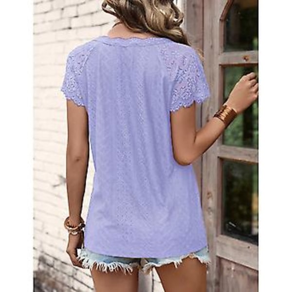 Kortärmad blus för damer, V-ringning, spetskant, enfärgad, moderiktig och luftig för sommaren (XLPurple) Purple XL