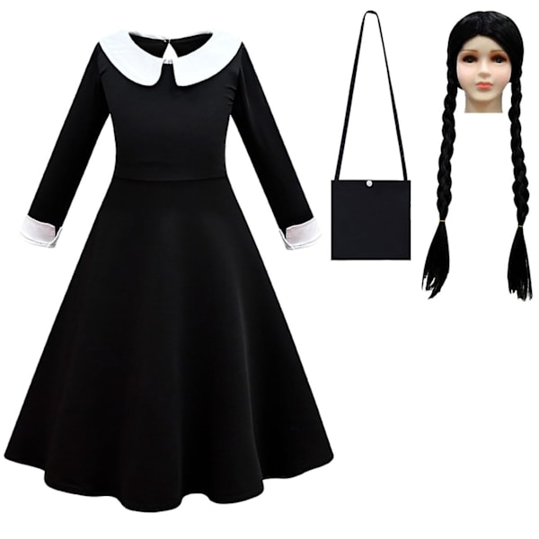 Wednesday Addams Cosplay Dansekjole Sæt Halloween Kostume til Piger (110cm Med Taske og Paryk)