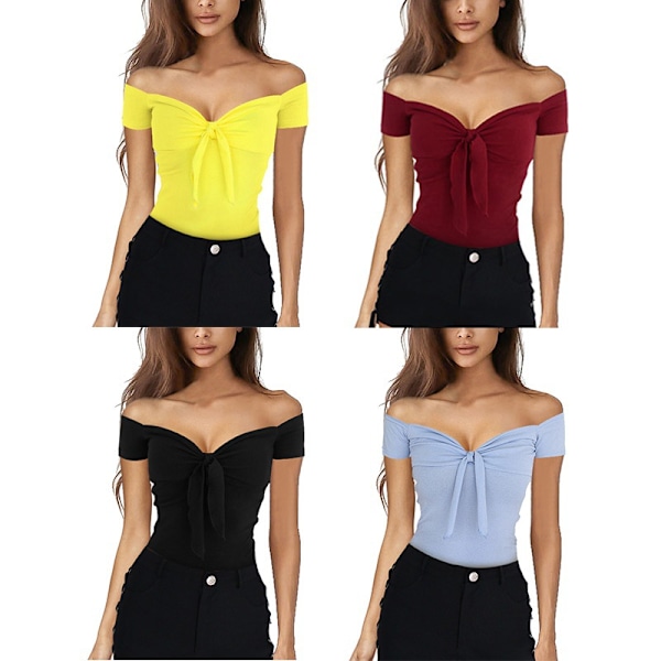 Dam Off Shoulder Topp Kortärmad Knyt Fram T-shirt Blus för Vardaglig Dejt Shopping Resor (SvartXL) Black XL