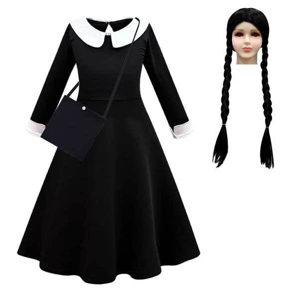 Wednesday Addams Cosplay-dansekjole for jenter Halloween-kostyme (120 cm med veske og parykk)