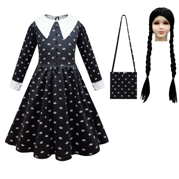 Wednesday Addams Cosplay Costume Dress Set Halloween Costume Carnival Party Disguise For Girls（110cm With bag and wig）