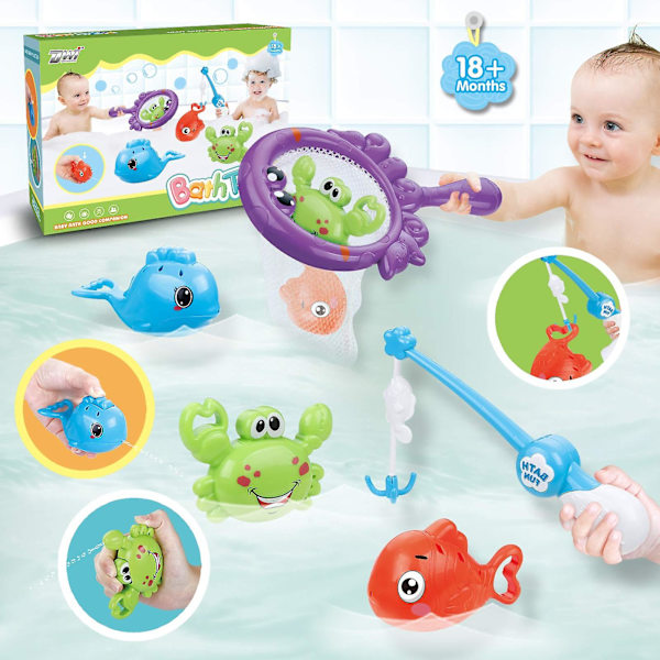 Fiskelegetøj til badet med fiskenet, BPA-fri, ingen skimmel, sprøjtefisk, krabbe, vandbord, pool, badelegetøj til badekar