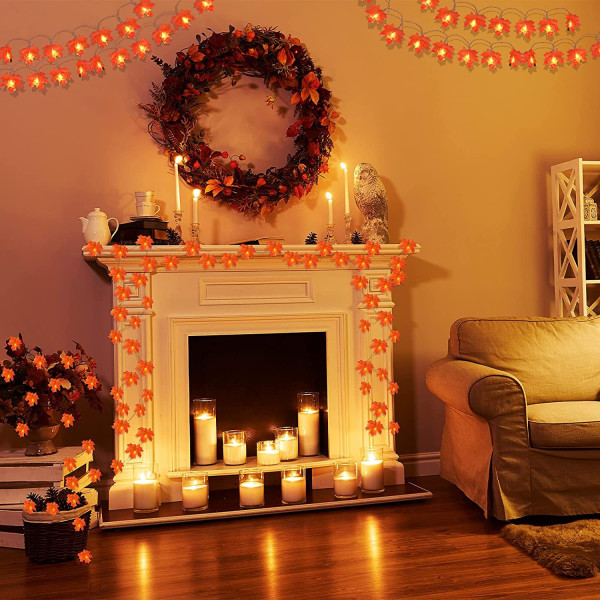 Höstdekor 20ft 40 LED Lönnlöv Höstdekorationer för Hem, Thanksgiving Jul Halloween Ljusslingor, Vattentät Dekor för Hem Inomhus Utomhus