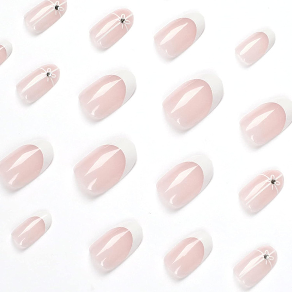 24 stk Beige & Oval Mandelformede Korte Falske Negle, Hvid Fransk Press On