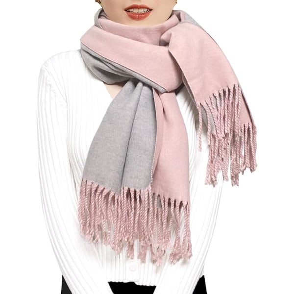 (ROSA+GRÅ)Cashmere-sjal for kvinner, vinter, reversibel, pashmina, lang