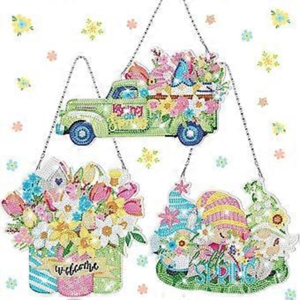 3 st Vårgnom Diamantkonst Kit DIY Vår Diamantmålning Kit Gnom Diamant Hängande Skylt Blommor Kristallgnom Vår för Vuxna Nybörjare Diamo