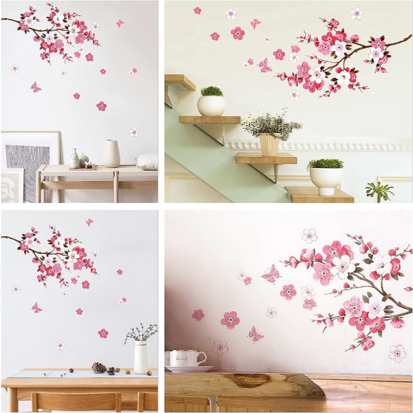 CHERRY BLOSSOM väggdekaler med fjärilar rosa röd (120x50 cm