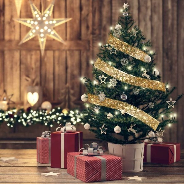 guld-1 Glitter Christmas Tree Ribbon LED Fairy Lights for Christmasm