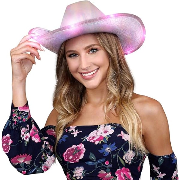 Lysende iriserende rosa cowgirlhatt, glødende cowboyhatt med