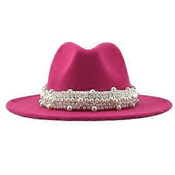 Cashmere Fedora-hatte med bred skygge til kvinder og mænd, elegante hatte ensfarvet Panama-hat med perlebesat dekorativ skygge (Rosarød)