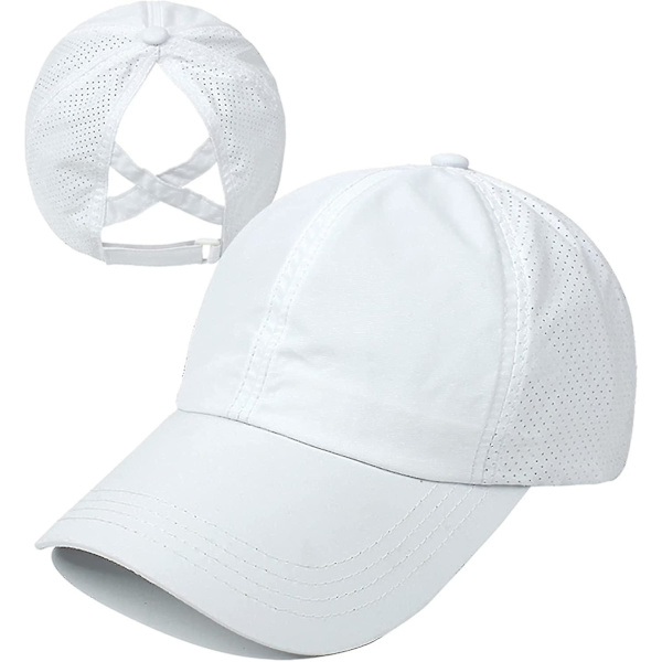 Kvinnors Criss Cross Hästsvans Baseballkeps Justerbar Hög Messy Bun Ponycap Snabbtorkande Hatt（Vit）