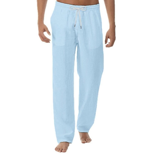 Men Linen Look Baggy Pants Elasticated Waist Casual Beach Yoga Trousers（M Blue）