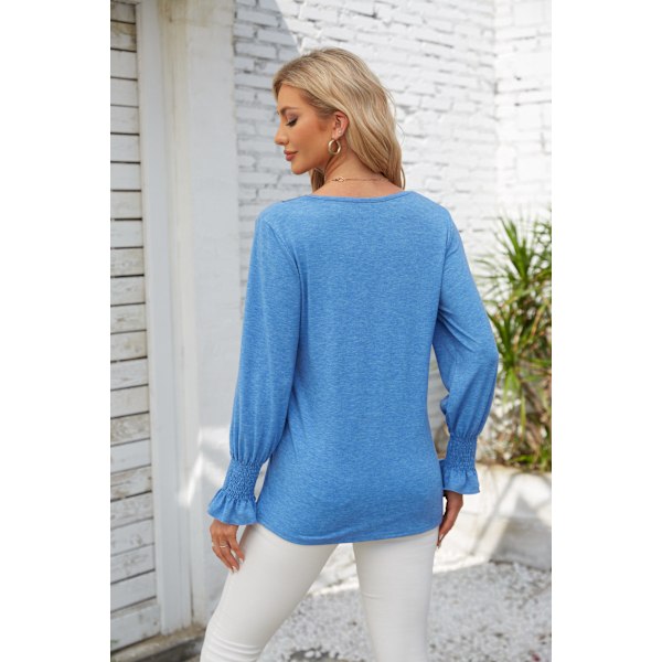 Langermet T-skjorte for kvinner, ensfarget V-hals, lappeteppe, løs, pyntet hverdagsbluse XL XL