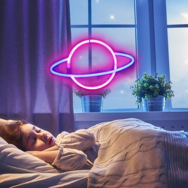 Planet Neon Lys LED-skilt Veggdekorasjon, Planet Neon Skilt LED Neon Veggskilt Rosa Neonlys