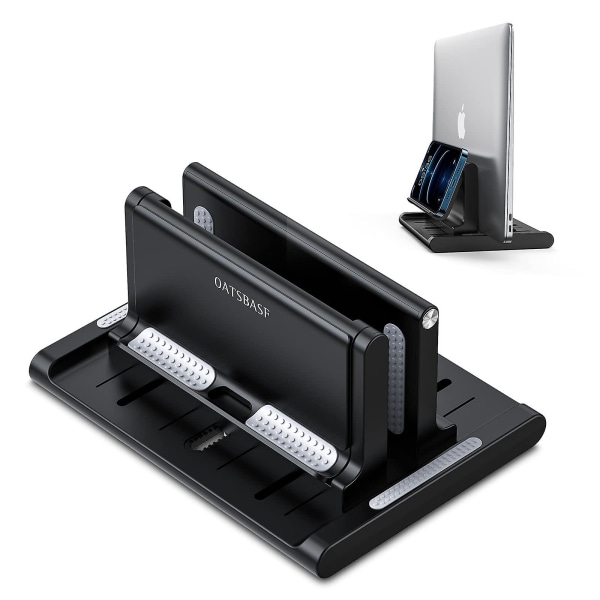 Justerbar Vertikal Bærbar Stativ til Skrivebord, Notebook Holder Med Telefon Stativ, Desktop Dock 3 I 1 Pladsbesparende Sort