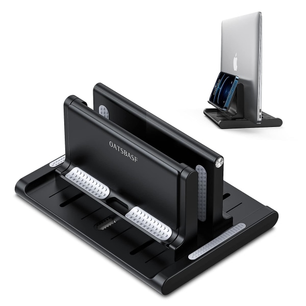 Justerbart vertikalt bärbara stativ för skrivbord, bärbar datorhållare med telefonställ, bordsdocka 3 i 1 utrymmesbesparande svart
