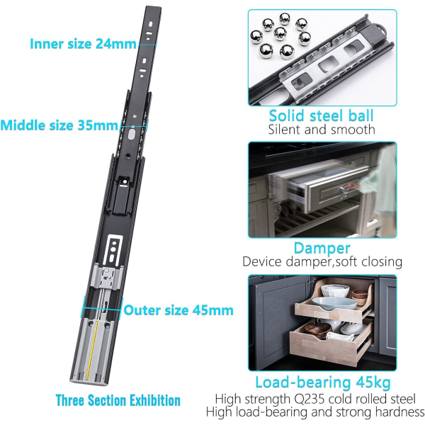 Soft-Close skuffeskinner 300 mm, Full Extension skuffeskinne, He