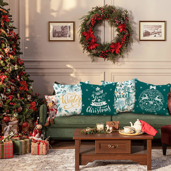 Set med 4 juleputetrekk 45 x 45 cm (Teal), Merry Christ