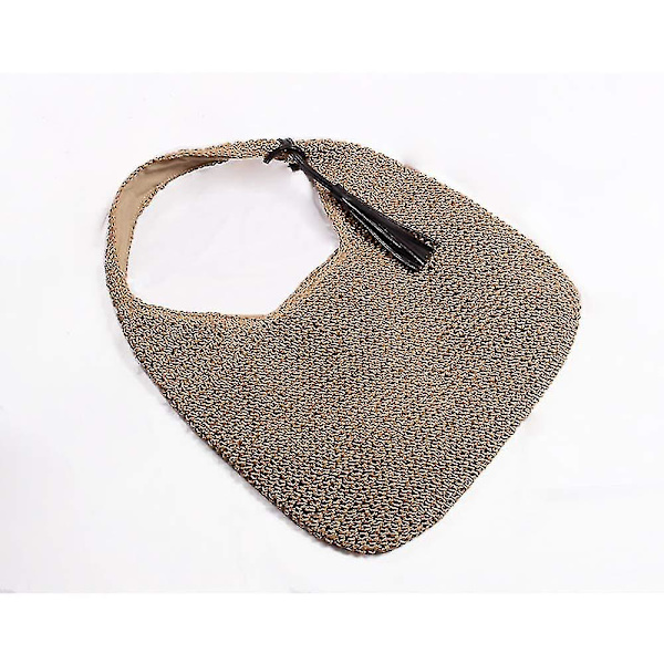 Handgjord mjuk stor halm axelväska med svarta tofsar Boho halmhandtag Tote Retro sommar