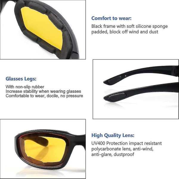 3 par motorcykelglasögon stoppningsglasögon Uv-skydd Dammtät vindtät motorcykelsolglasögon för utomhusaktiviteter