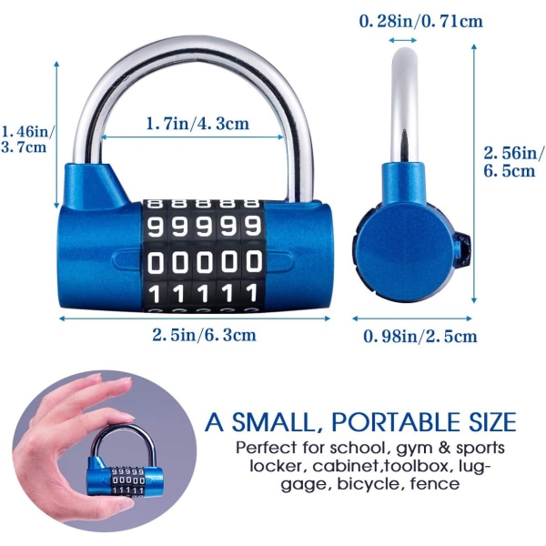 2 stk. 5-cifret kombinationshængelås, hængelås til fitnesscenter, kan nulstilles