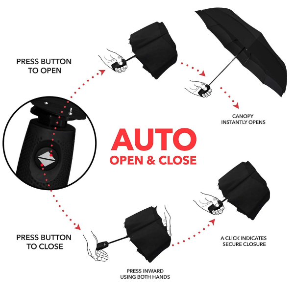 Vindtät reseparaply - Kompakt, lätt, automatisk - Vindbeständig, litet hopfällbart ryggsäcks paraply