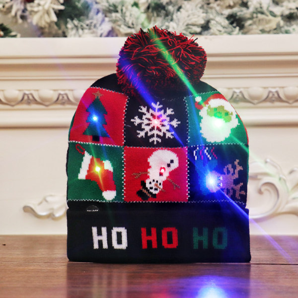 (Musta) Jouluhattu, LED-hattu Valoisa neulottu hattu Värikäs