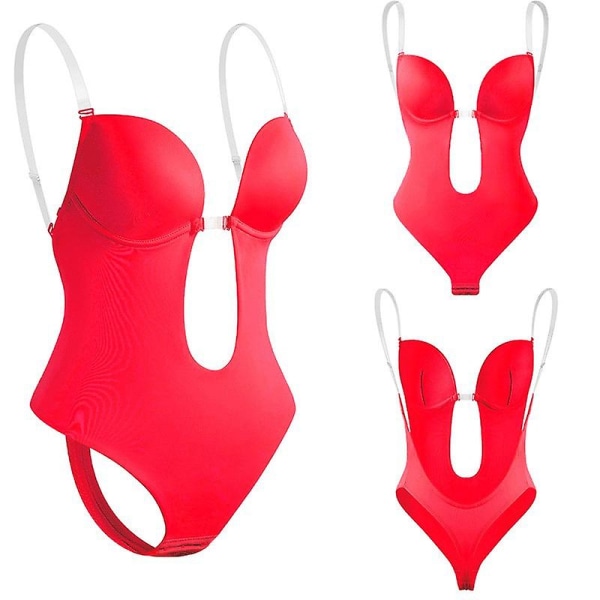 Kvinder dykker dyb V-hals Body Shaper Rygløs BH Bodysuit Shapewear U Plunge Seamless Thong Hele Bodysuits Rød（M）
