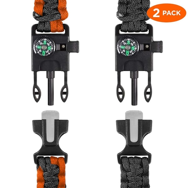 Paracord-selviytymisranneke - 2 pakkausta selviytymissettiä Firestarter-rannekkeita - Sisältää kompassin, tulentekijän, pilli ja laskuvarjohyppynarun