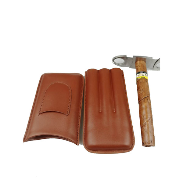 Läder cigarrfodral resehumidor för 3 cigarrer med cigarrskärare