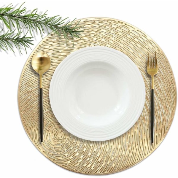 Gold Set of 6 Washable PVC Placemats, Round Vinyl, Christmas, Wed