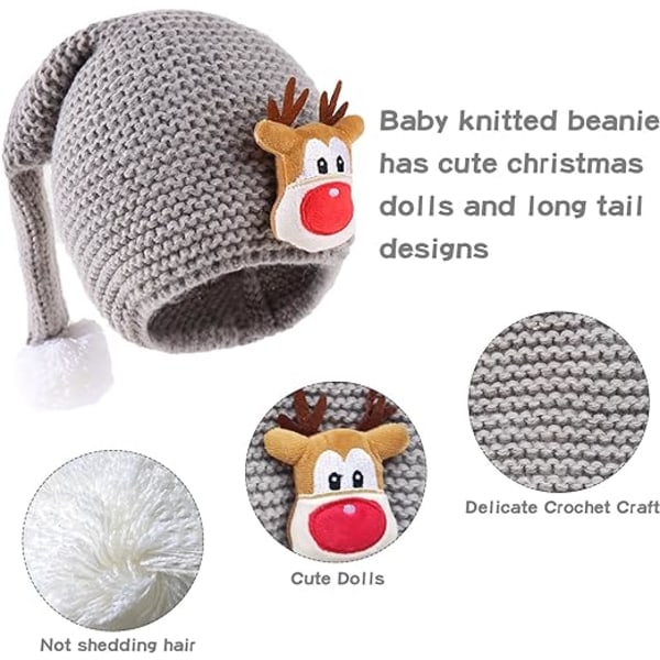 Grå julehatt, baby 1-4 år, vinterhatt, julelon