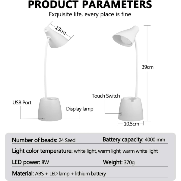 Skrivebordslampe, LED-bordlampe 3 lysmoduser og berøringssensor, dimbar