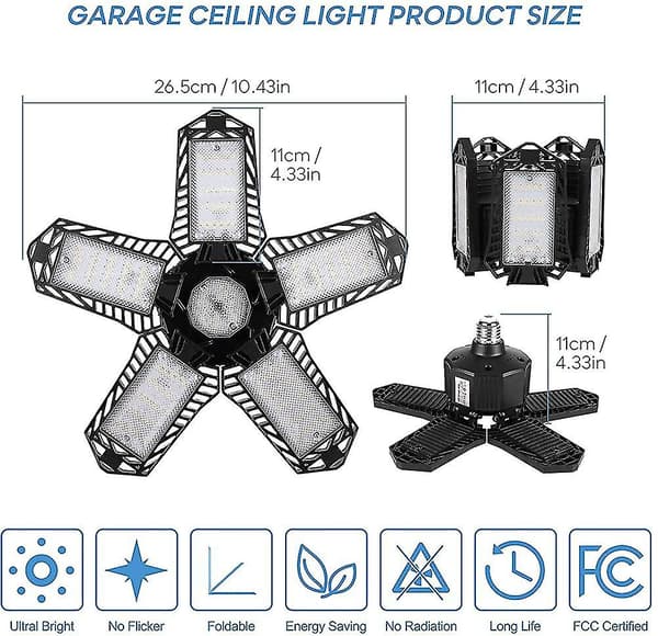 Led Garage Lys 120w 10000lm E27 6500k Justerbar 5 Panel Deformerbar