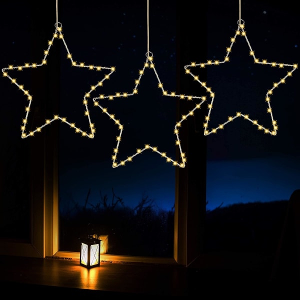 3-pack julfönsterstjärnor med batteridriven timer, 8 ljus