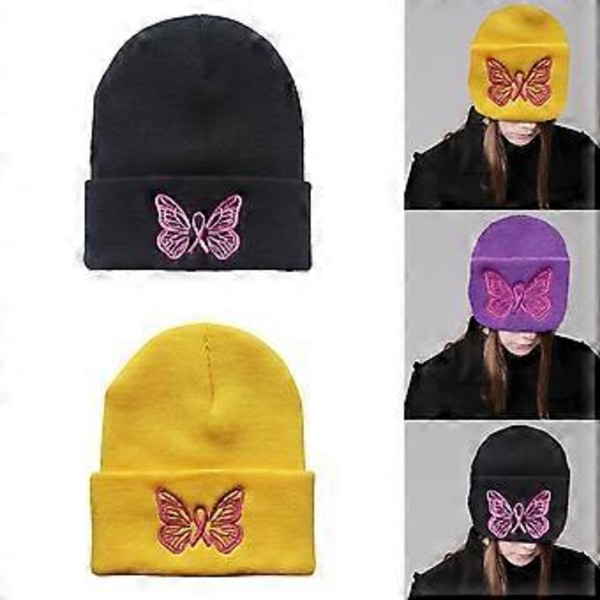 Broderad fjärilsmössa Vuxen Elastisk Mössa Vinter Varm Stickad Mössa Kalla Vinterpresenter för Studenter Tonåringar Gul Yellow