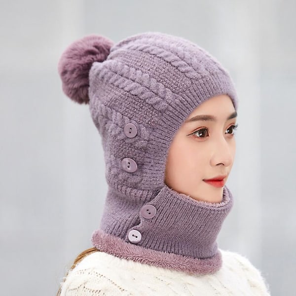 Vintermössa för kvinnor Set Warm Fuzzy Knit Hat Halshalsdukar (lila)