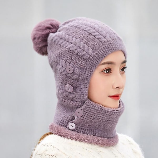 Womens Winter Beanie Hat Scarf Set Warm Fuzzy Knit Hat Neck Scarves（Purple）